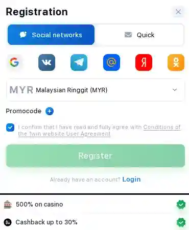 1win registration via social networks